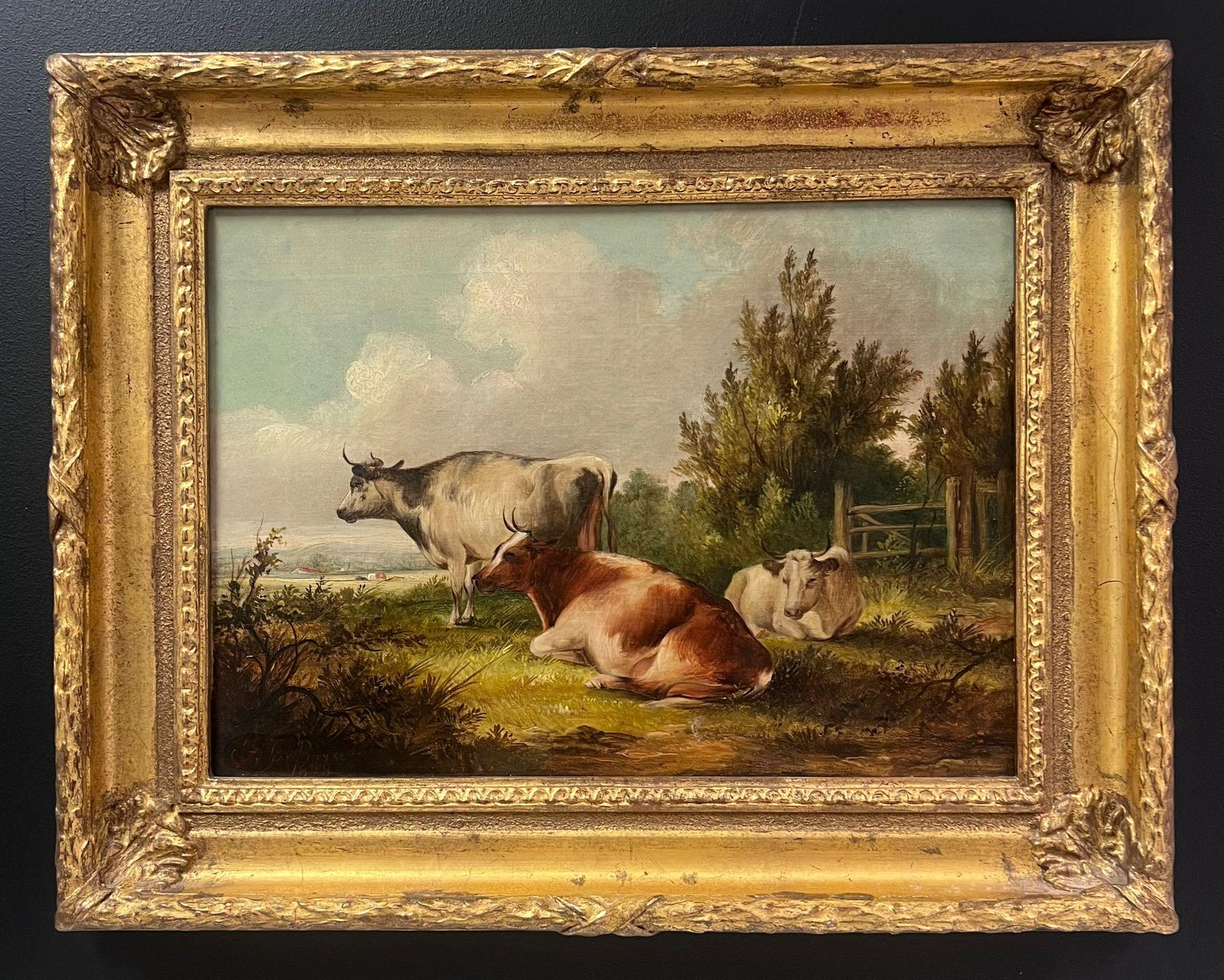 Bestiame che riposa in un paesaggio pastorale tranquillo, olio inglese firmato e datato - Painting Vittoriano di Victorian English 19thC Oil 