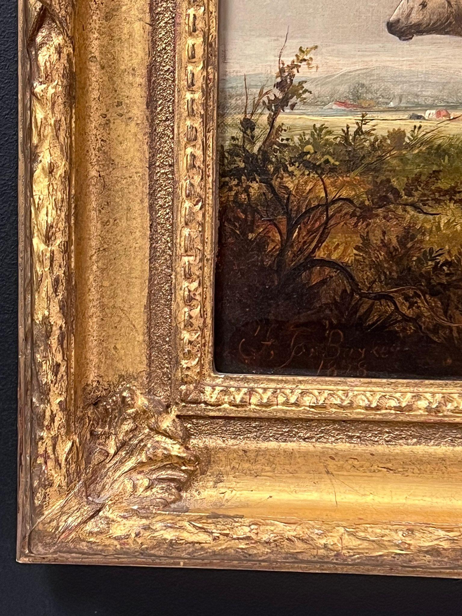 Bestiame che riposa in un paesaggio pastorale tranquillo, olio inglese firmato e datato - Animal Painting Marrone di Victorian English 19thC Oil 