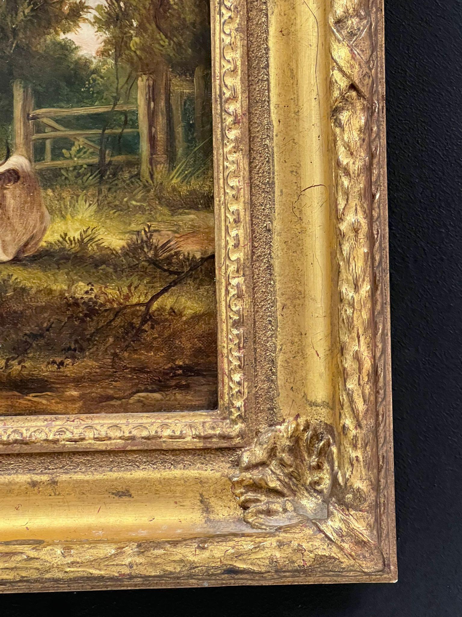 Bestiame che riposa in un paesaggio pastorale tranquillo, olio inglese firmato e datato 1