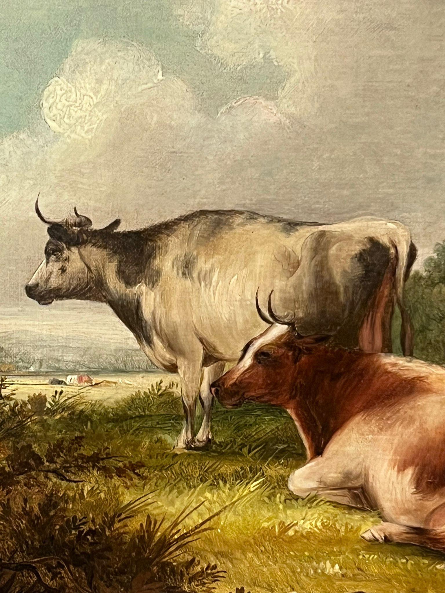 Bestiame che riposa in un paesaggio pastorale tranquillo, olio inglese firmato e datato 3