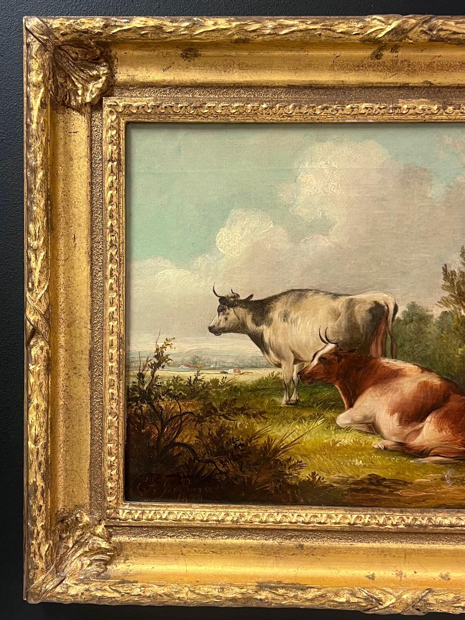 Bestiame che riposa in un paesaggio pastorale tranquillo, olio inglese firmato e datato 4