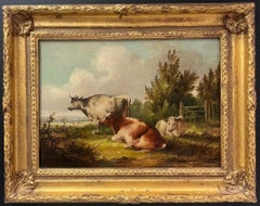 Bestiame che riposa in un paesaggio pastorale tranquillo, olio inglese firmato e datato