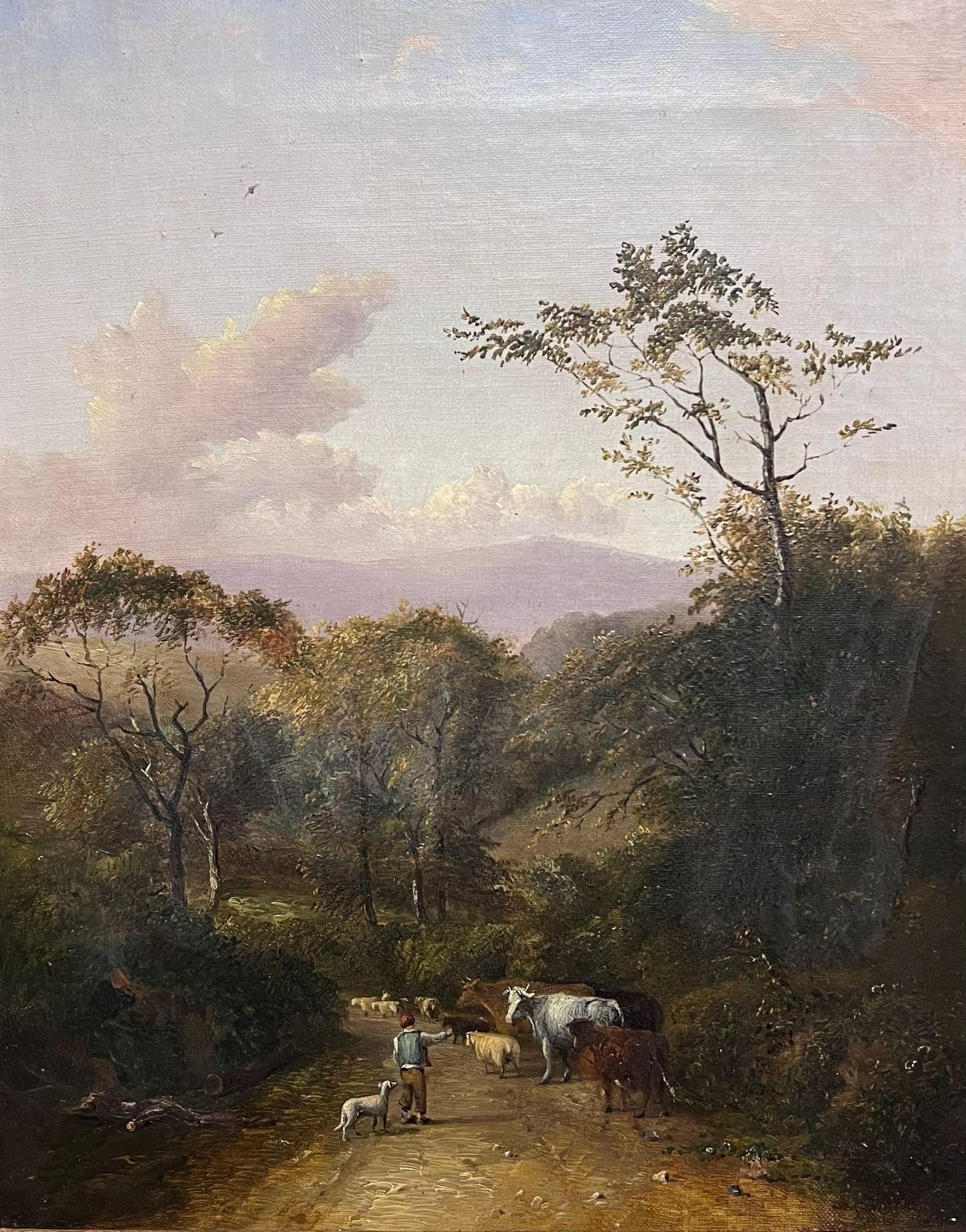 Fine Victorian Pastoral Landscape Shepherd with Animals in Village Lane 1860's - Painting by Victorian English