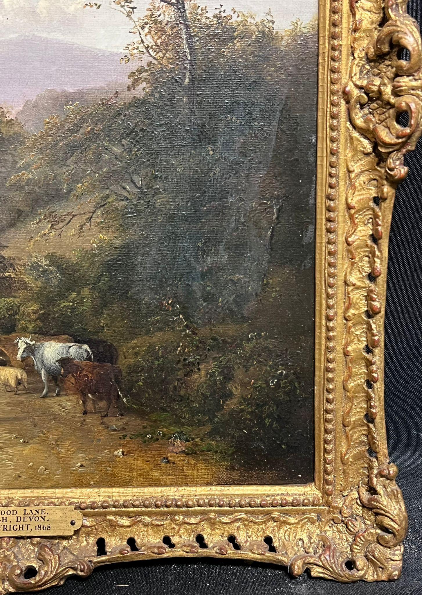 Fine Victorian Pastoral Landscape Shepherd with Animals in Village Lane 1860's For Sale 1