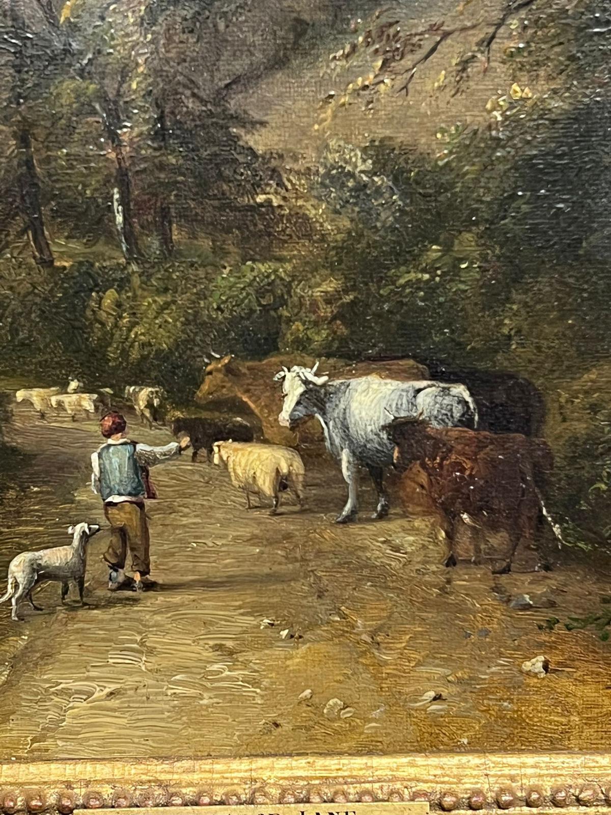 Fine Victorian Pastoral Landscape Shepherd with Animals in Village Lane 1860's For Sale 3