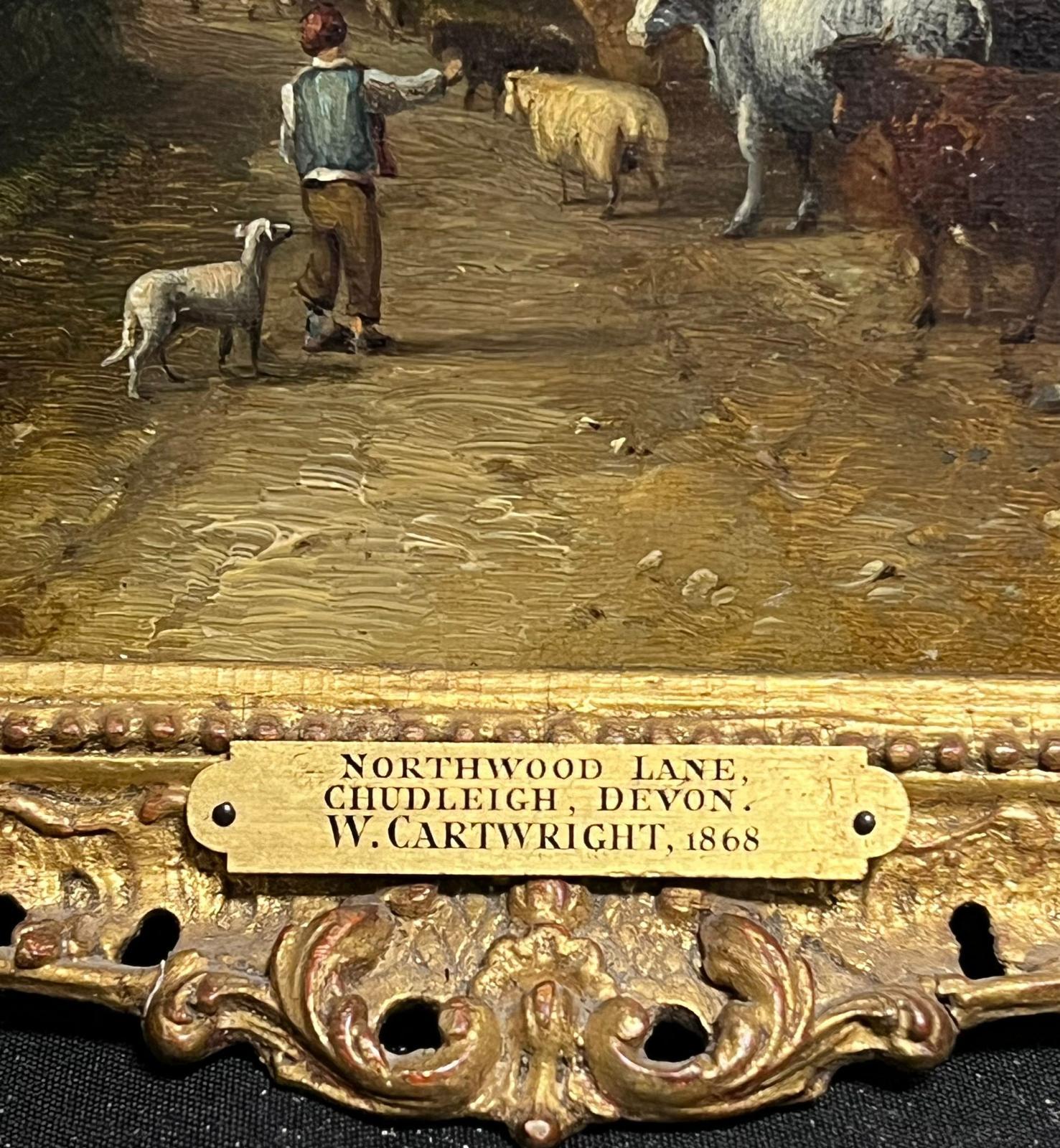 Fine Victorian Pastoral Landscape Shepherd with Animals in Village Lane 1860's For Sale 4