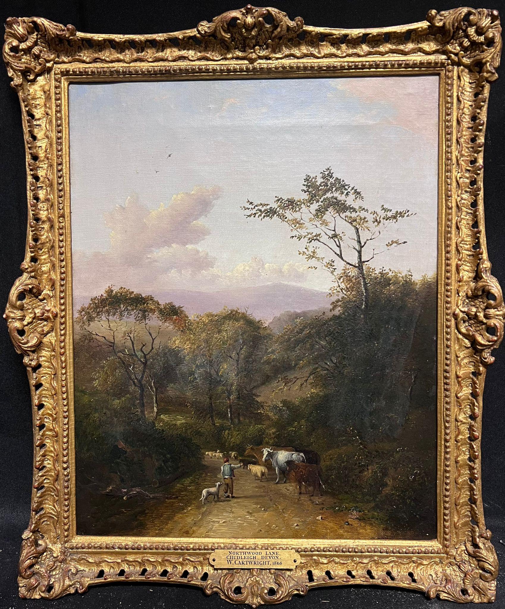 Victorian English Landscape Painting - Fine Victorian Pastoral Landscape Shepherd with Animals in Village Lane 1860's