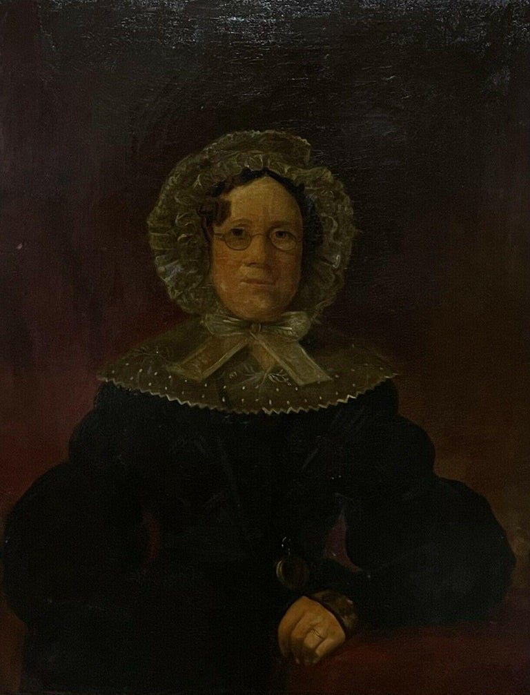 Large 19th Century Victorian Oil - Portrait of a Lady in Bonnet and Spectacles - Painting by Victorian English