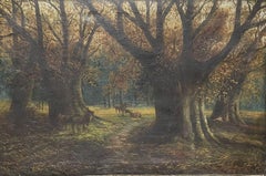 Antique Large Victorian Signed Oil Painting Deer in Beech Woods