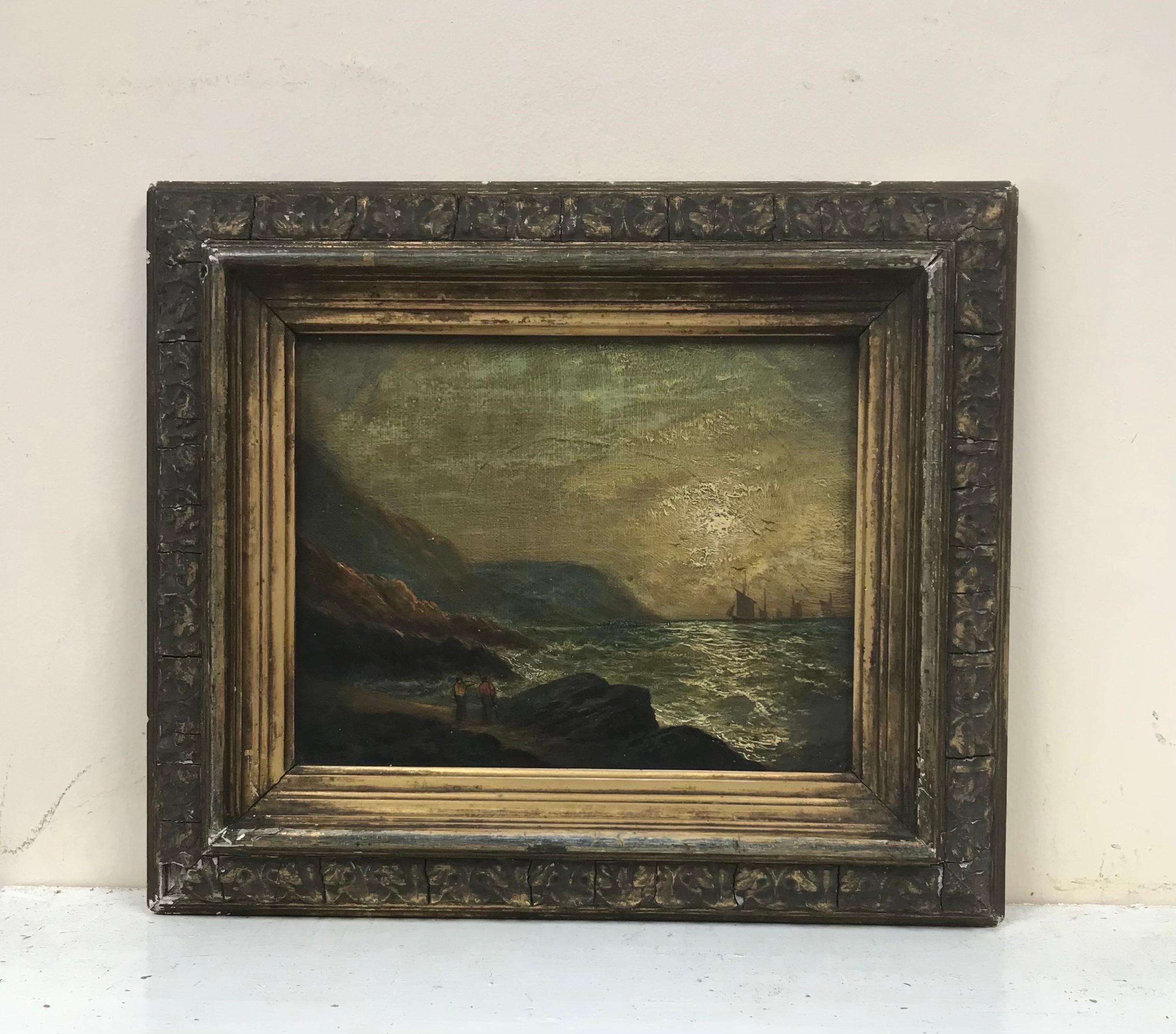 19th Century English Marine Oil Painting Fishing Smacks Nearing Home, Newhaven - Black Landscape Painting by Victorian English