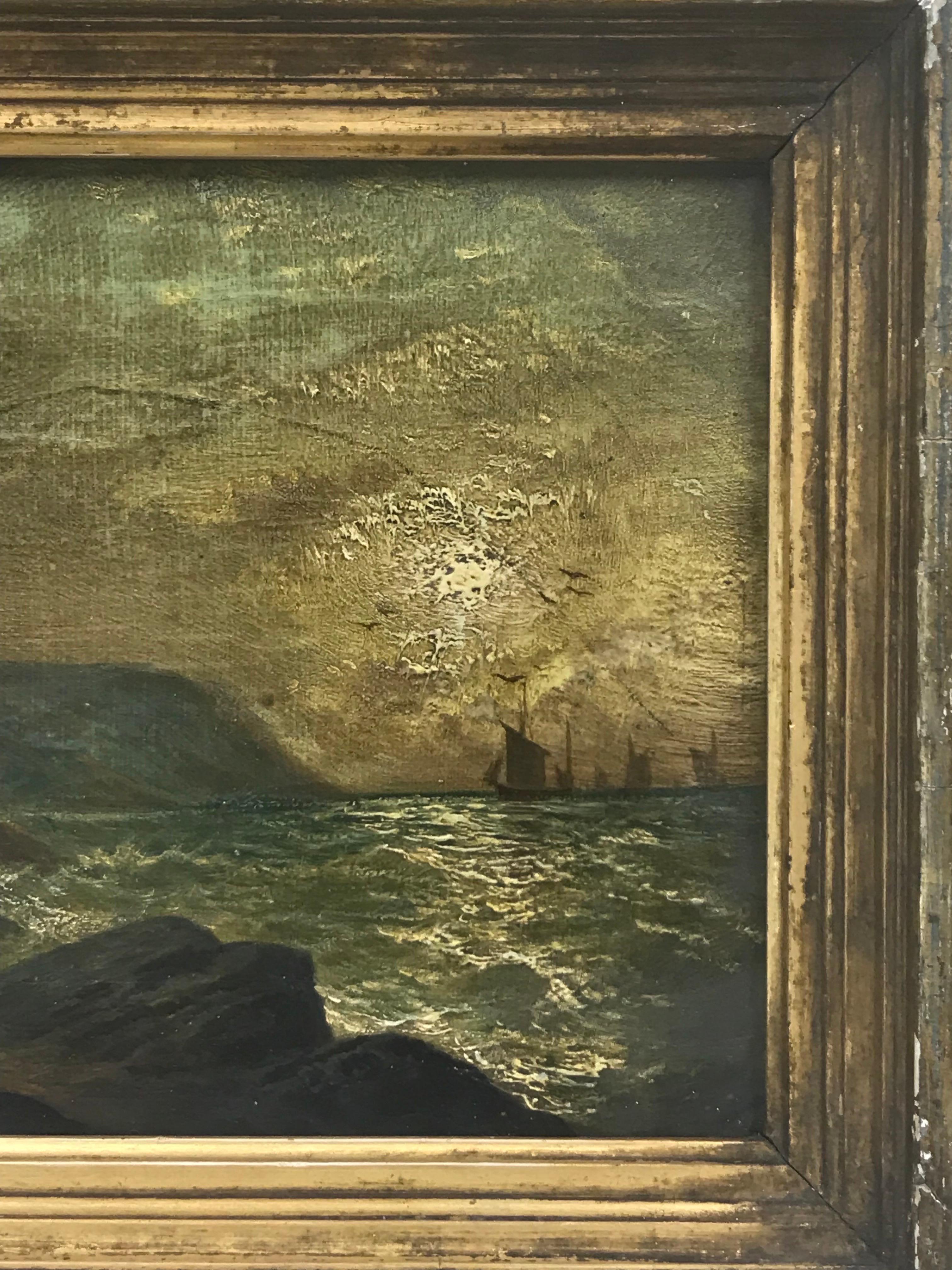 19th Century English Marine Oil Painting Fishing Smacks Nearing Home, Newhaven 1