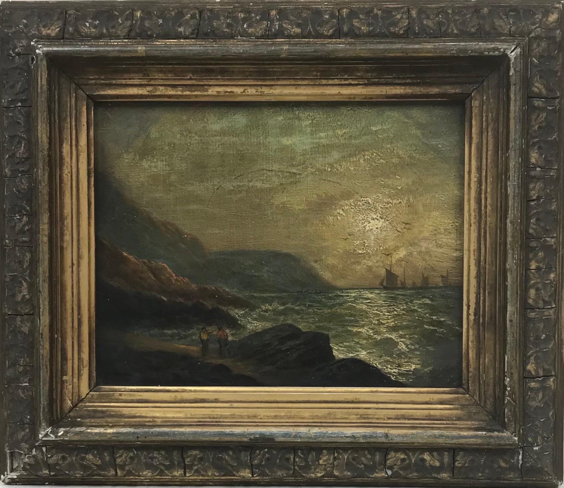 Victorian English Landscape Painting - 19th Century English Marine Oil Painting Fishing Smacks Nearing Home, Newhaven