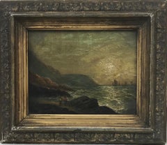 Antique 19th Century English Marine Oil Painting Fishing Smacks Nearing Home, Newhaven