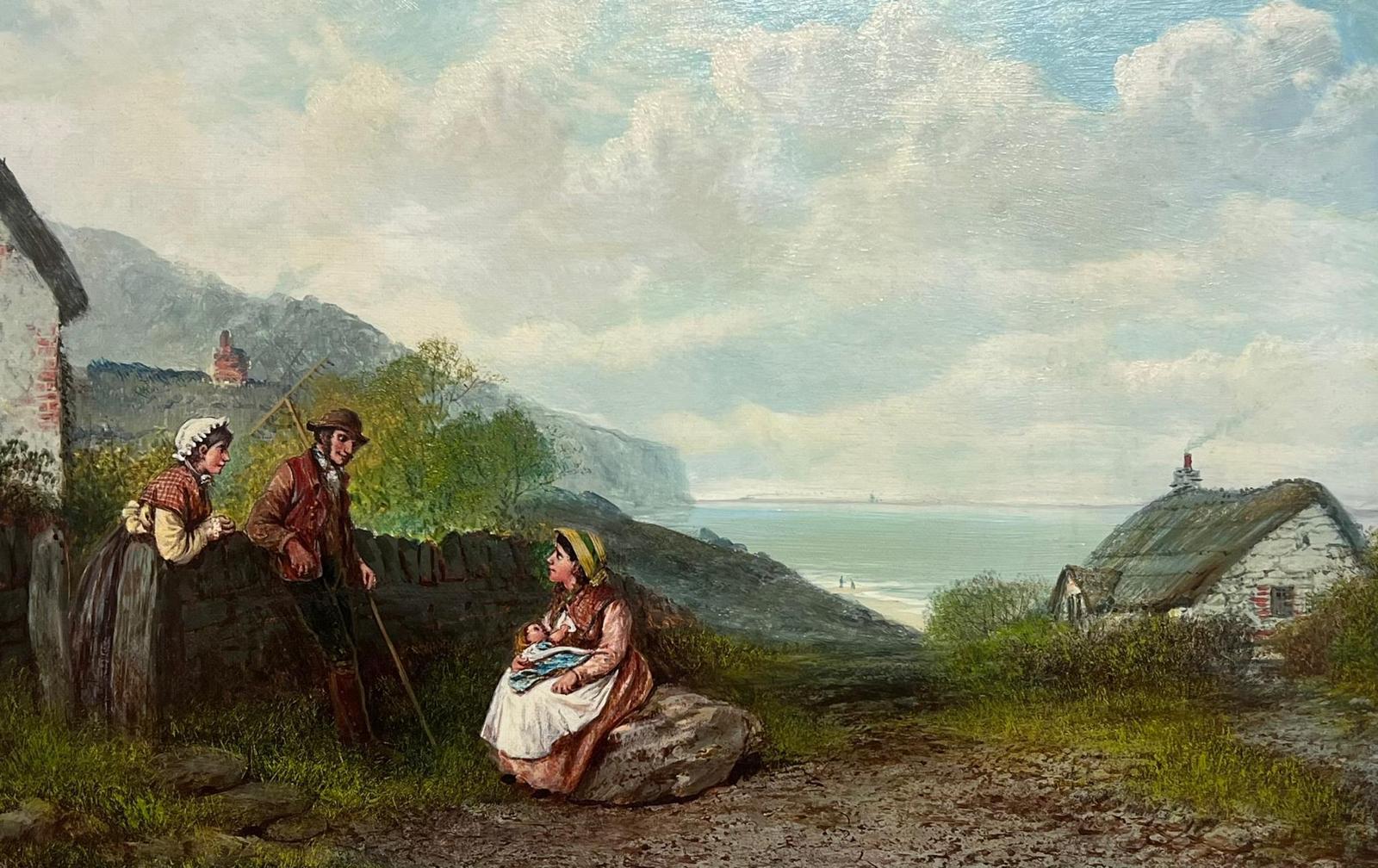 Peinture à l'huile anglaise du 19ème siècle, cottage Fisherfolk Cornish/ Devon Coastline - Painting de Victorian English