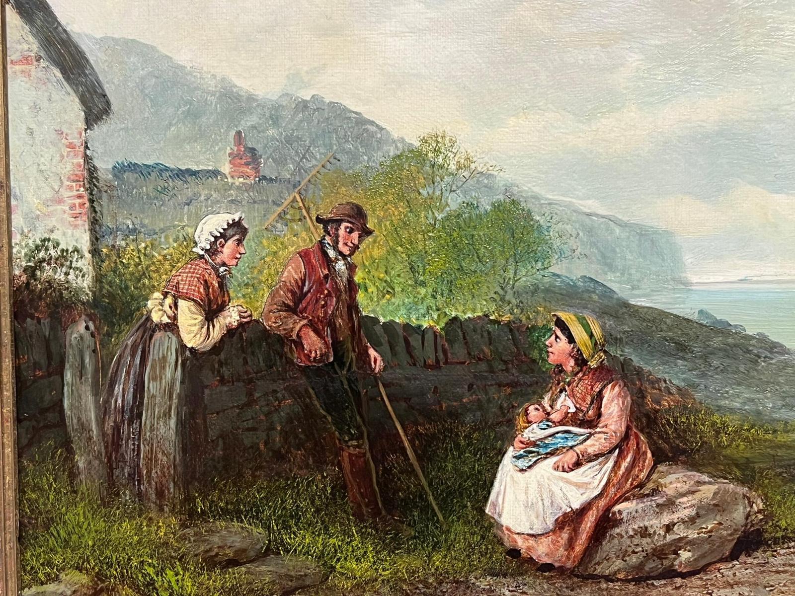 19th Century English Oil Painting Fisherfolk Cornish/ Devon Coastline Cottage For Sale 1