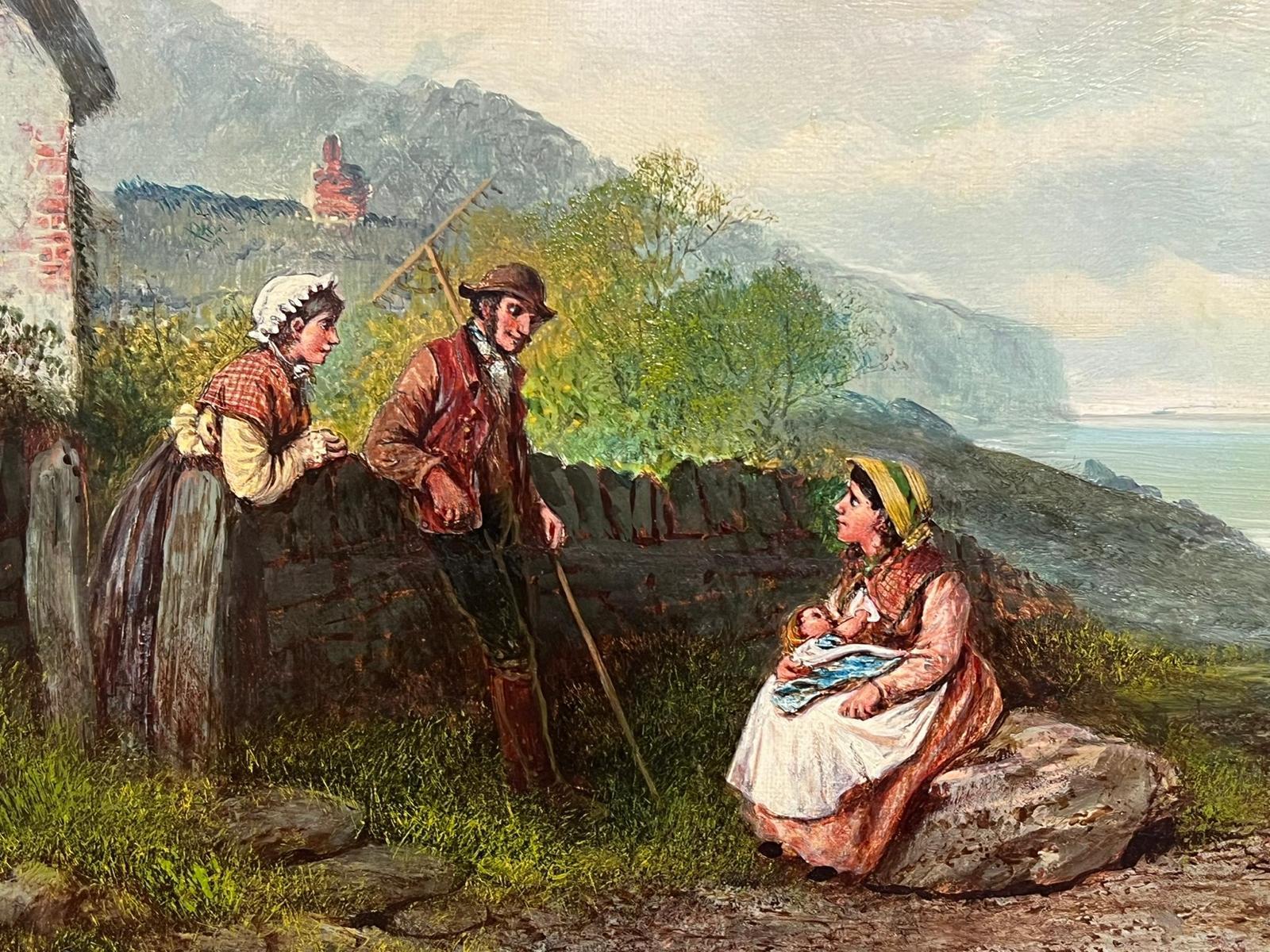 19th Century English Oil Painting Fisherfolk Cornish/ Devon Coastline Cottage For Sale 3