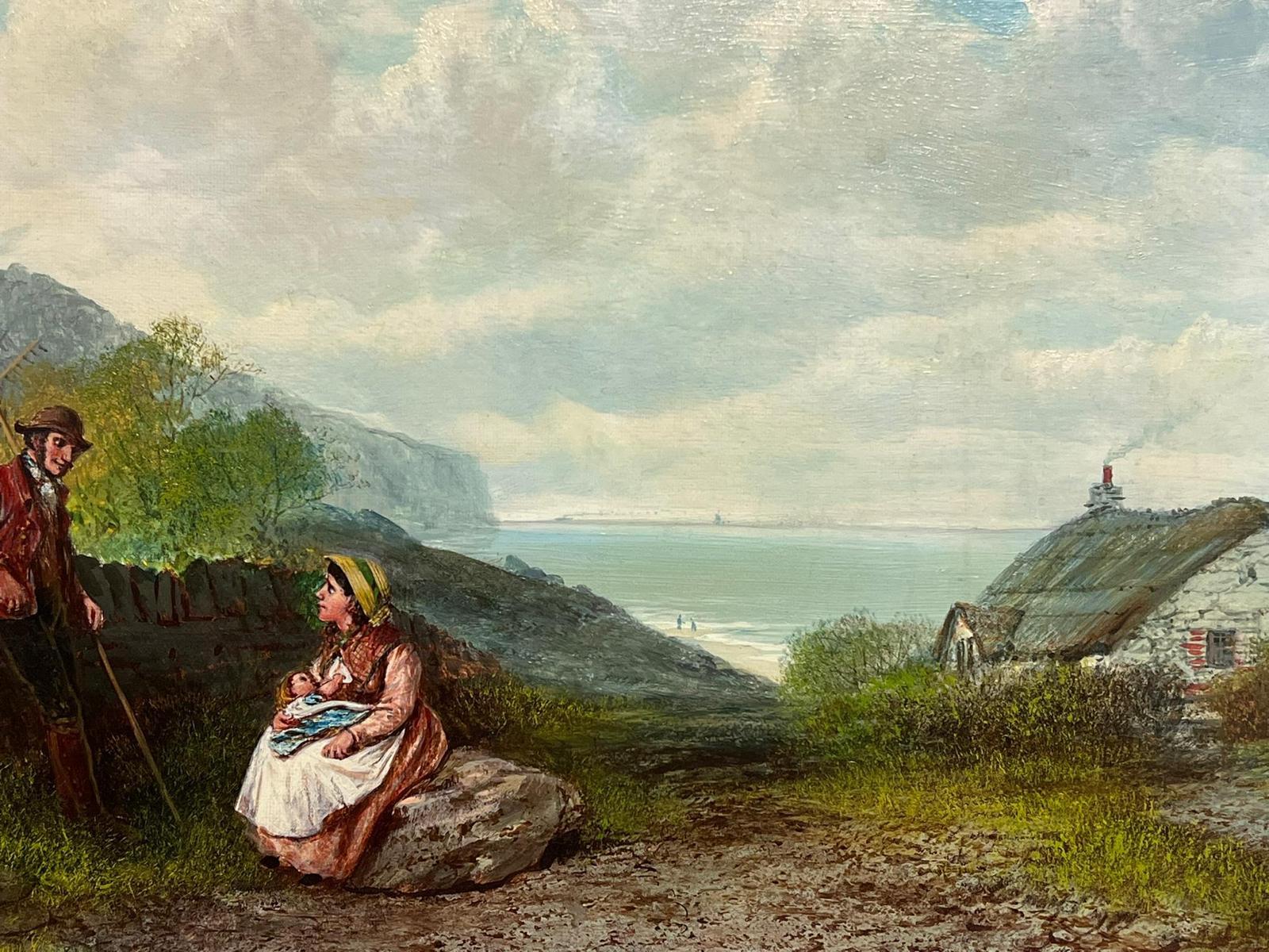 19th Century English Oil Painting Fisherfolk Cornish/ Devon Coastline Cottage For Sale 4