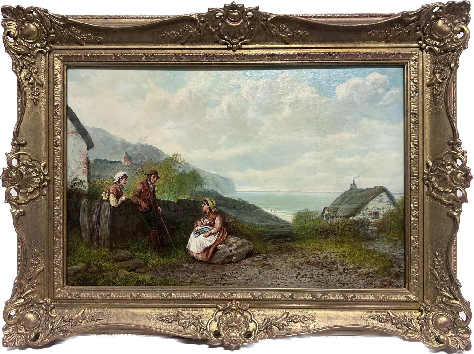 Victorian English Landscape Painting - 19th Century English Oil Painting Fisherfolk Cornish/ Devon Coastline Cottage