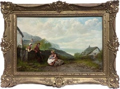 19th Century English Oil Painting Fisherfolk Cornish/ Devon Coastline Cottage