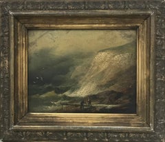 Antique Victorian English Marine Oil Painting Fishermen on Rocky Coastline Stormy Seas