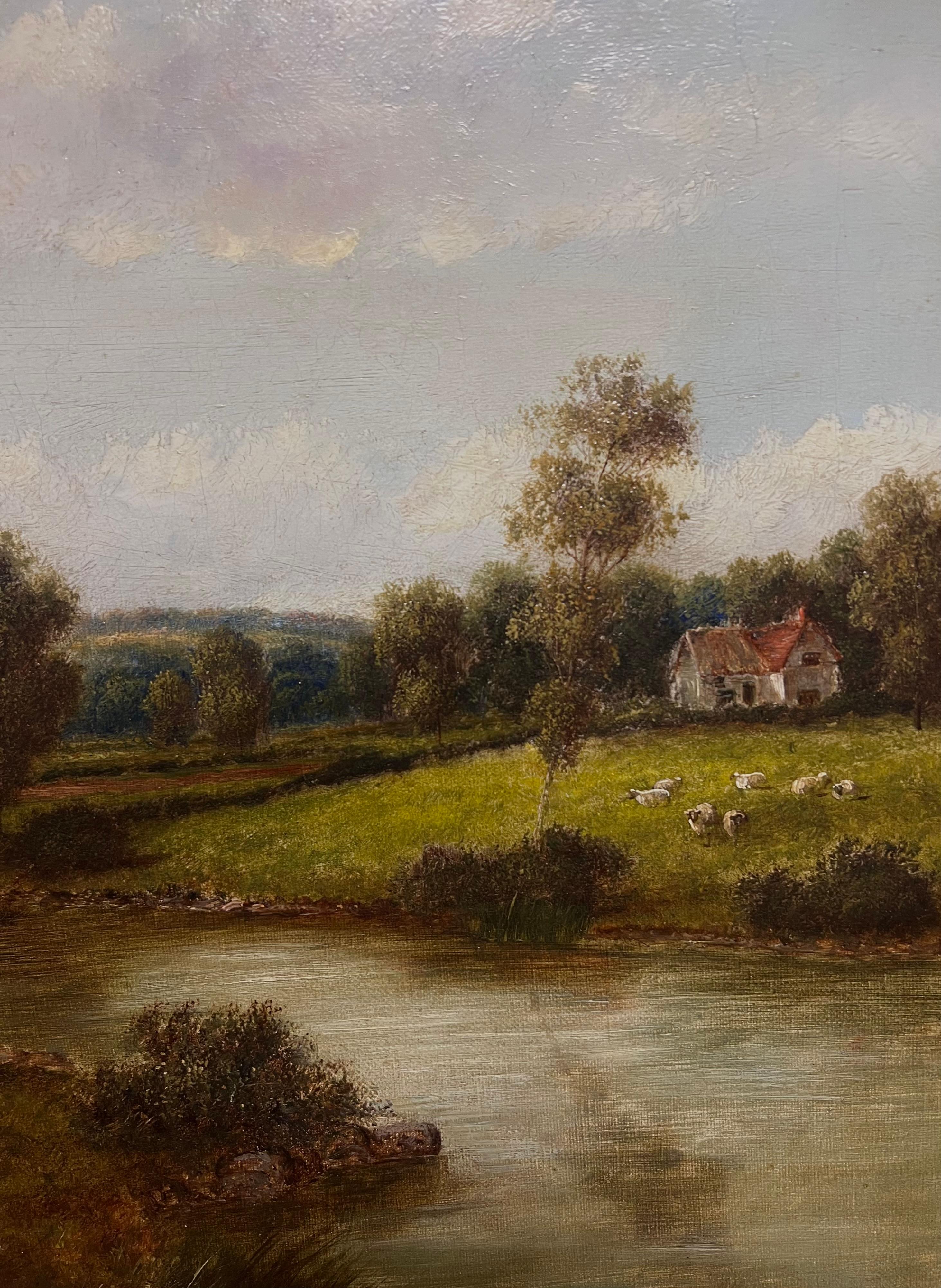Pintura al óleo tradicional inglesa victoriana del siglo XIX firmada Paisaje rural 2