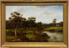 Pintura al óleo tradicional inglesa victoriana del siglo XIX firmada Paisaje rural