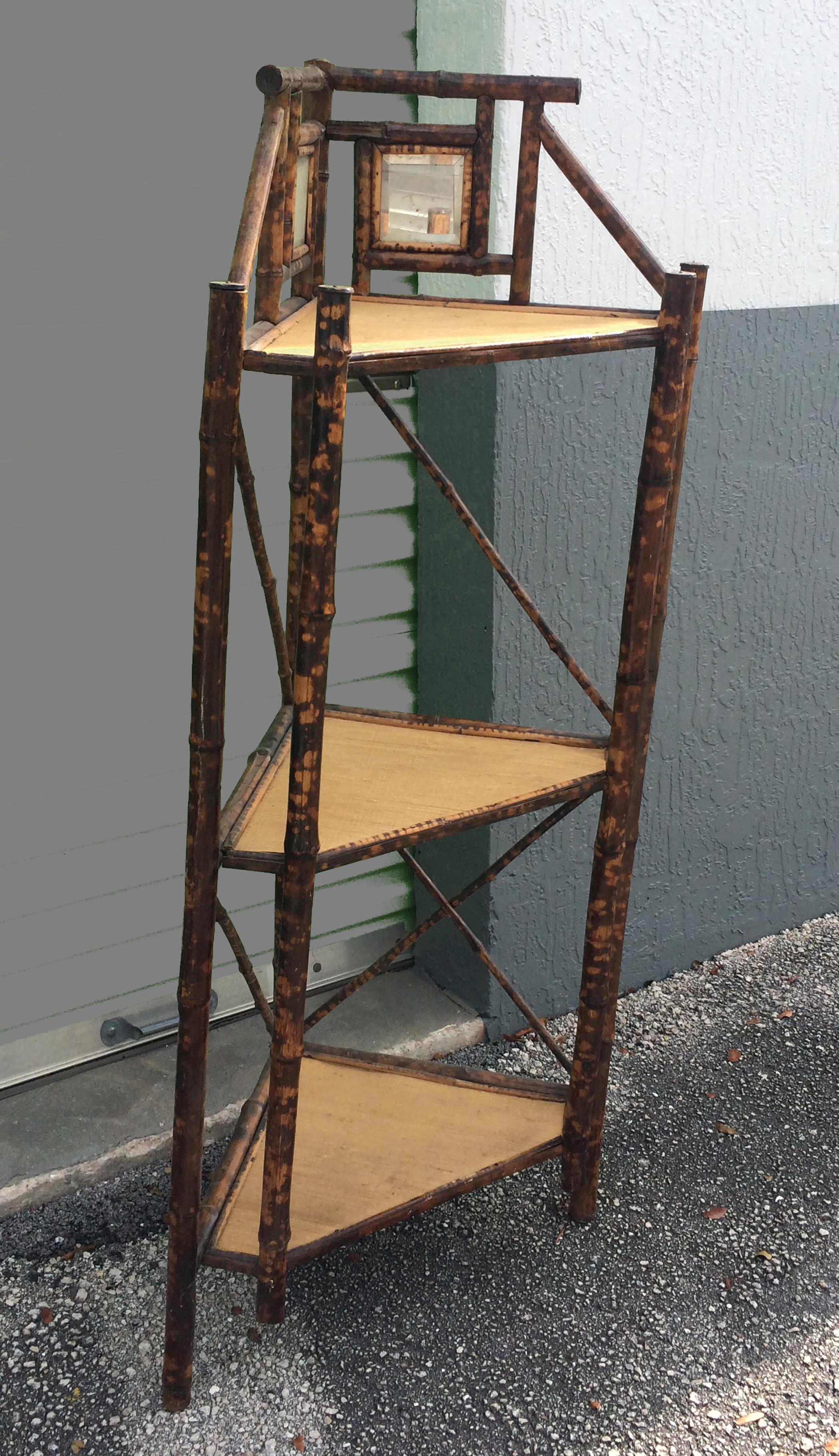 Victorian English Bamboo Corner Shelf with Mirrors In Good Condition In West Palm Beach, FL