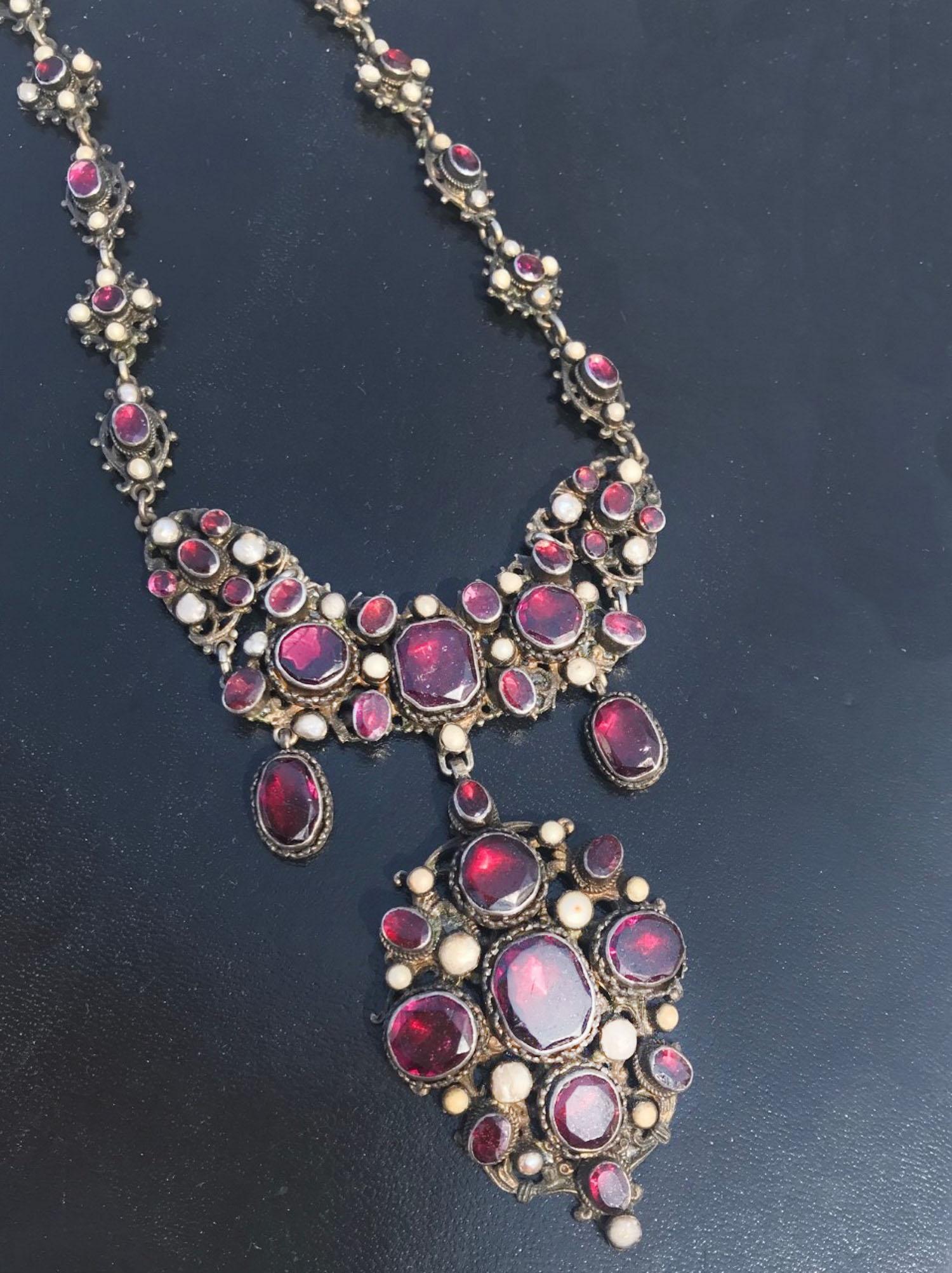 Gilt Victorian English Bib Necklace Garnets with Pearl Accents, circa 1870 For Sale