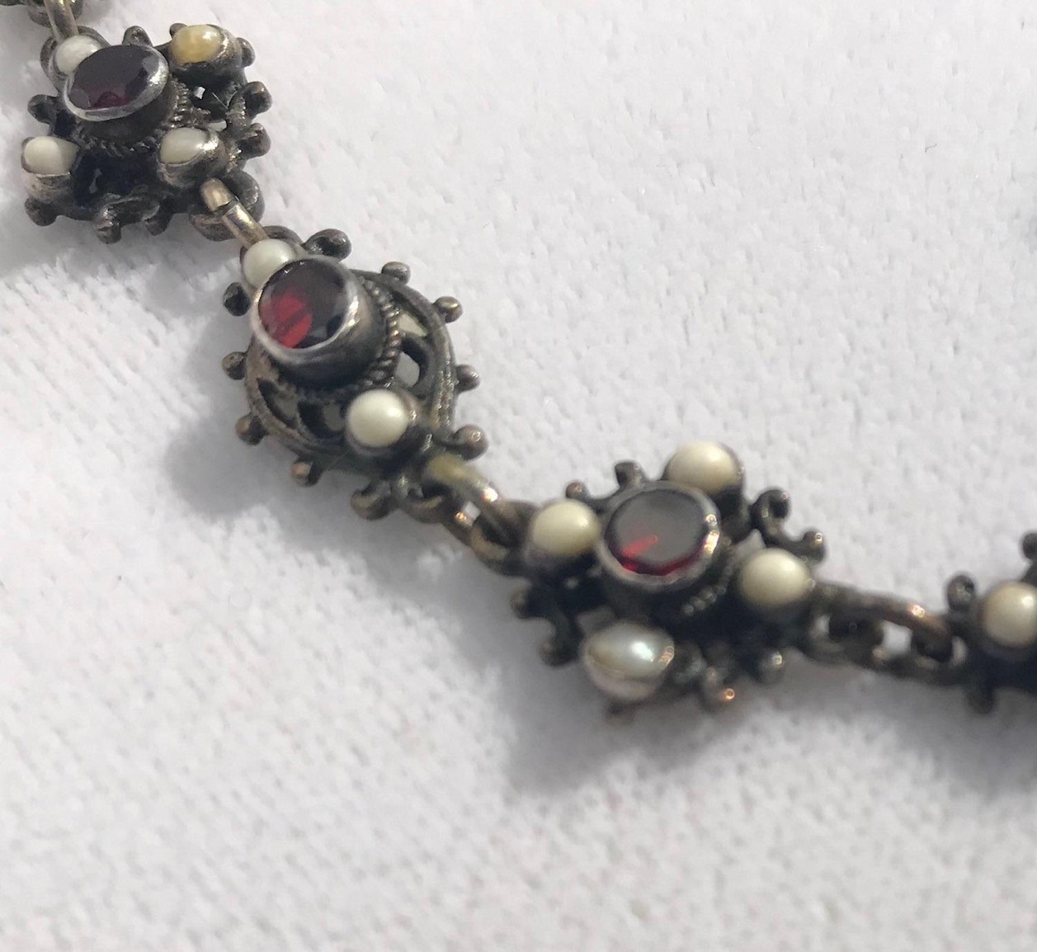 Victorian English Bib Necklace Garnets with Pearl Accents, circa 1870 For Sale 1