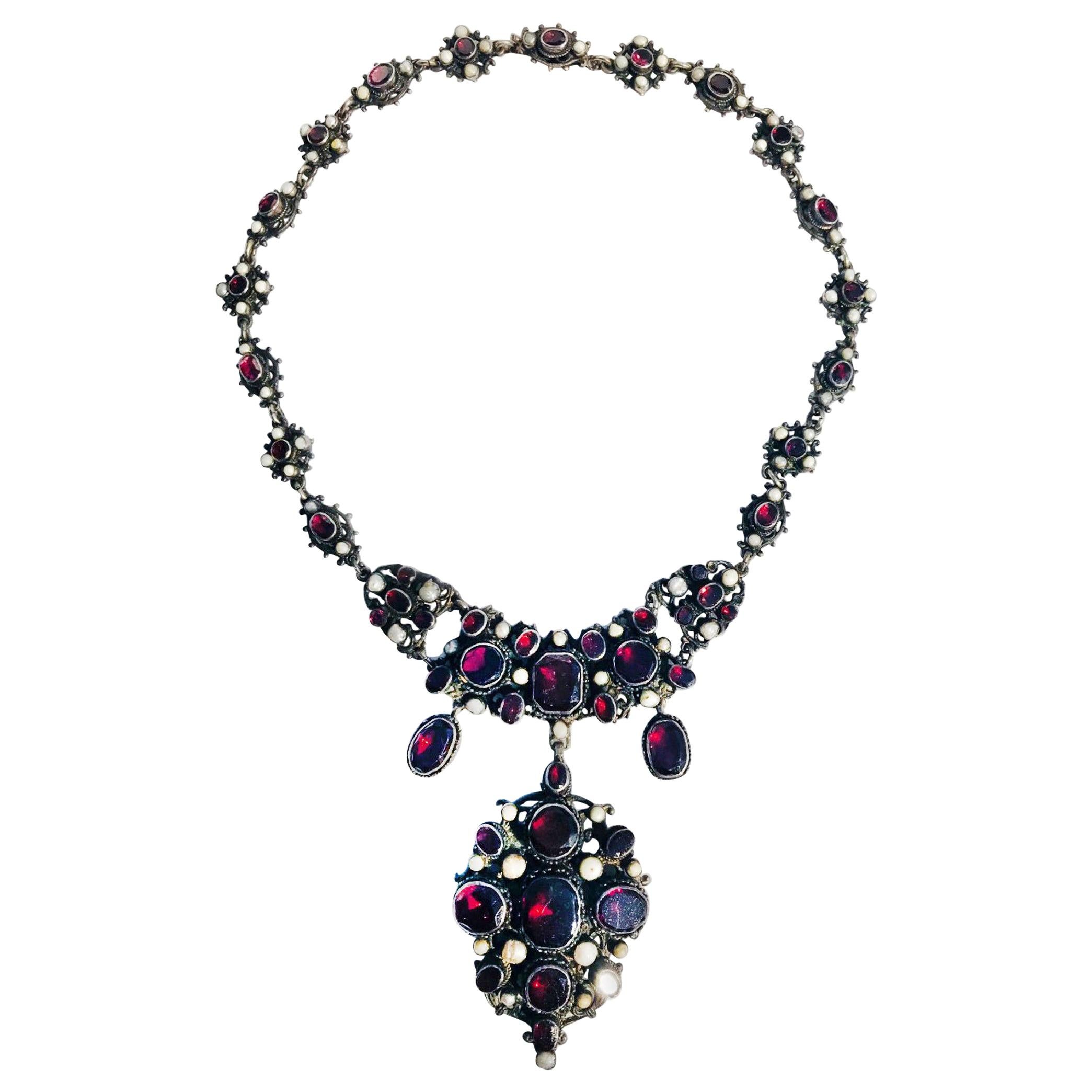 Victorian English Bib Necklace Garnets with Pearl Accents, circa 1870 For Sale