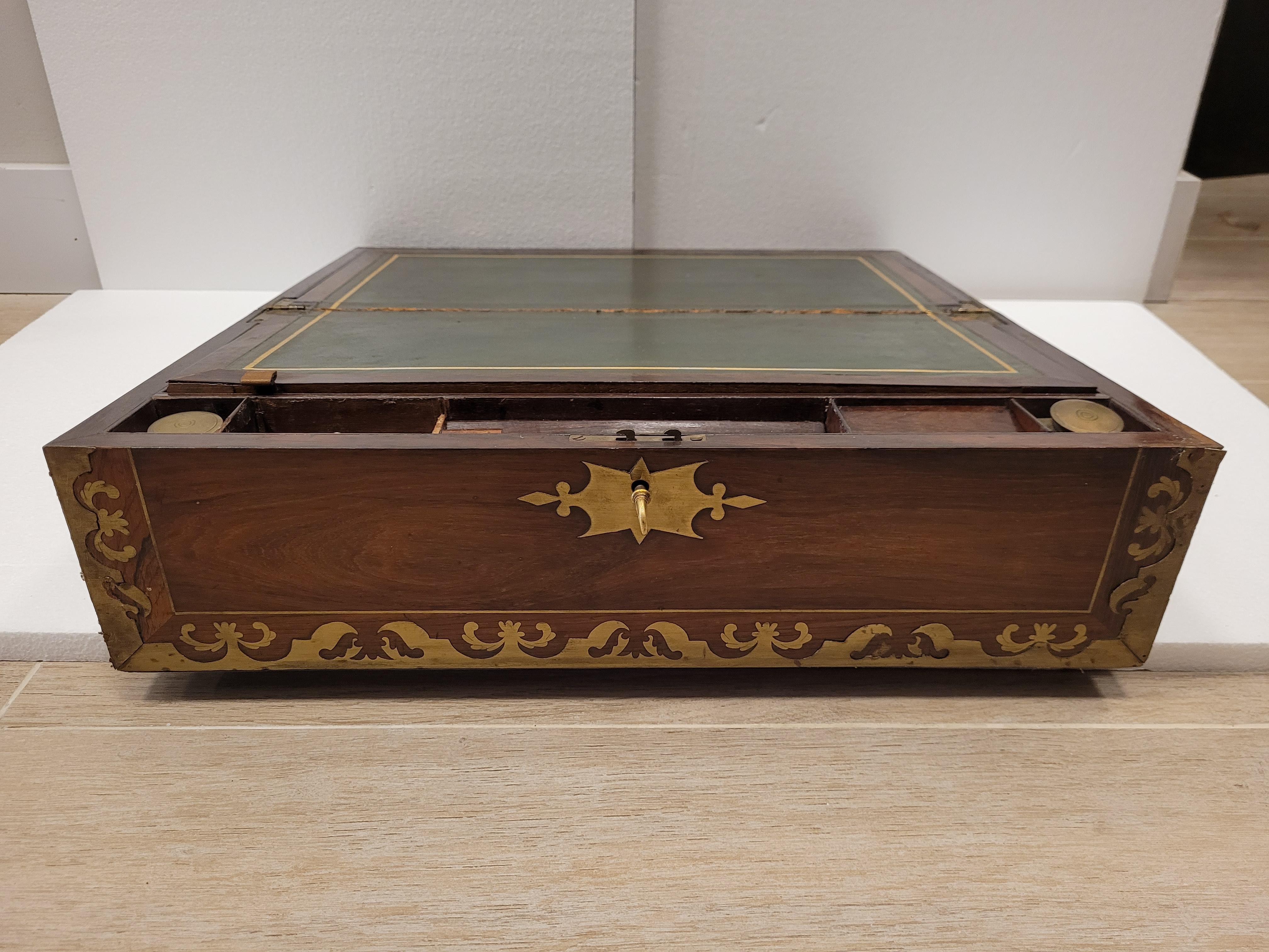 Victorian English Boat desk, wood and brass , secret drawers 2