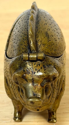 Victorian English Brass Figural Pig Inkwell with Articulated Back Lids, C. 1875