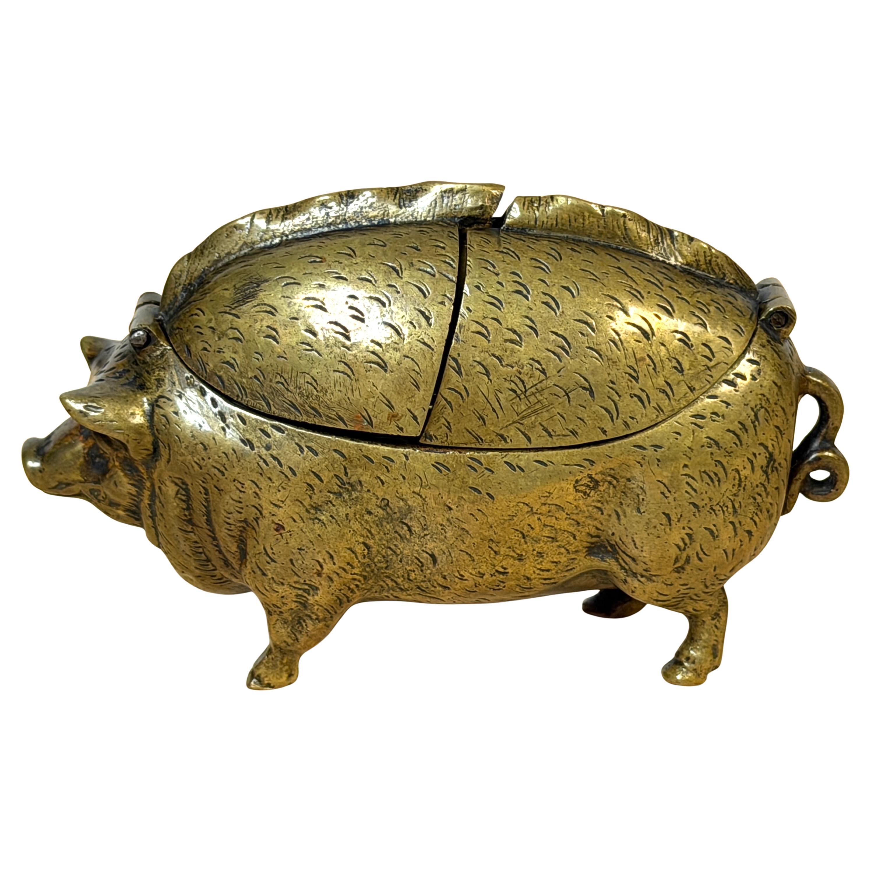 Victorian English Brass Figural Pig Inkwell with Articulated Back Lids, C. 1875 For Sale