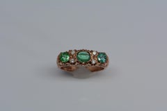 Victorian English Carved Half-Hoop Emerald And Diamond Ring 9 Karat Rose Gold