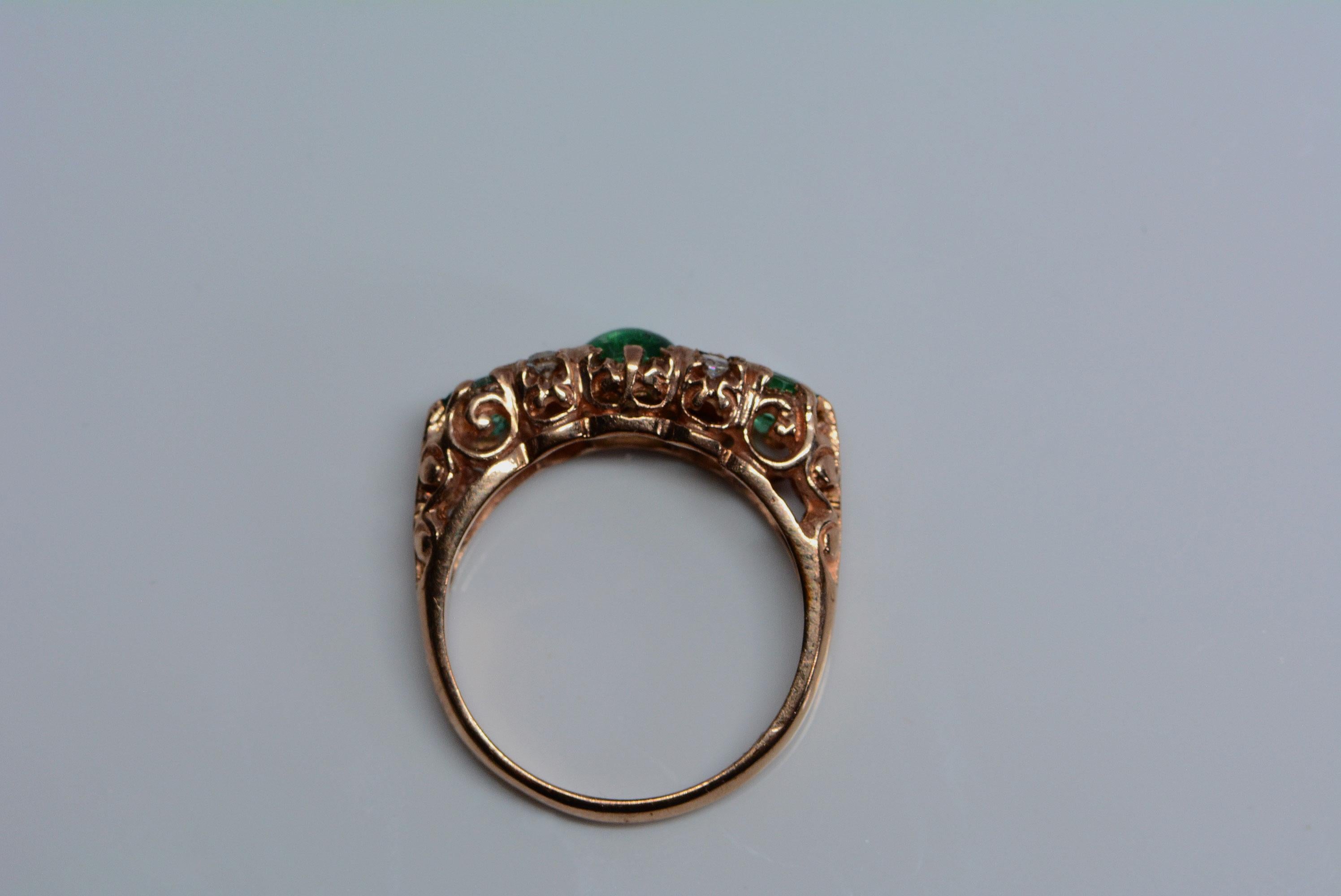 Emerald Cut Victorian English Carved Half-Hoop Emerald And Diamond Ring 9 Karat Rose Gold For Sale