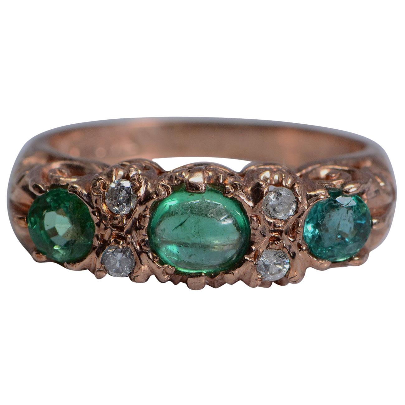 Victorian English Carved Half-Hoop Emerald And Diamond Ring 9 Karat Rose Gold For Sale