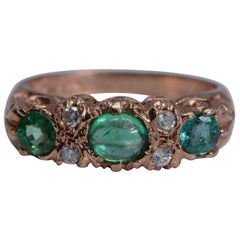 Antique Victorian English Carved Half-Hoop Emerald And Diamond Ring 9 Karat Rose Gold