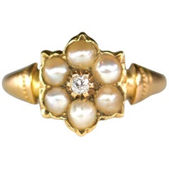 Victorian English Diamond Seed Pearl 18 Karat Antique Ring