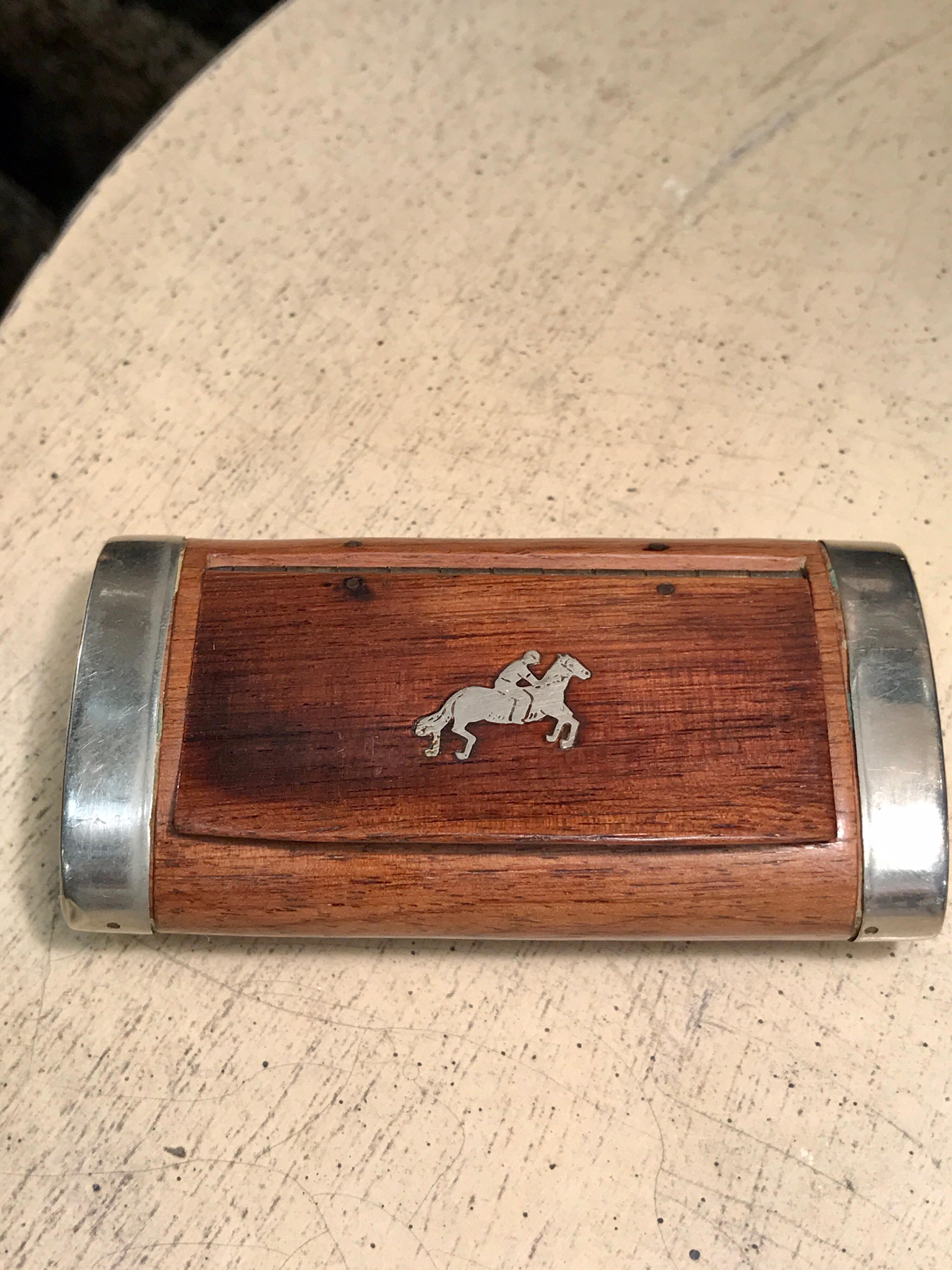Victorian English Equestrian motif snuff box, constructed of all most all carved mahogany with pewter mounts and inlay.