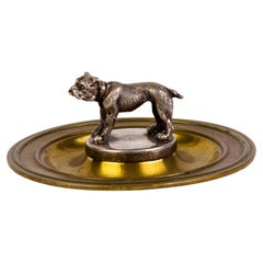 Antique Victorian English Fine Silver & Brass Sculpture Bulldog Ashtray 19th Century 