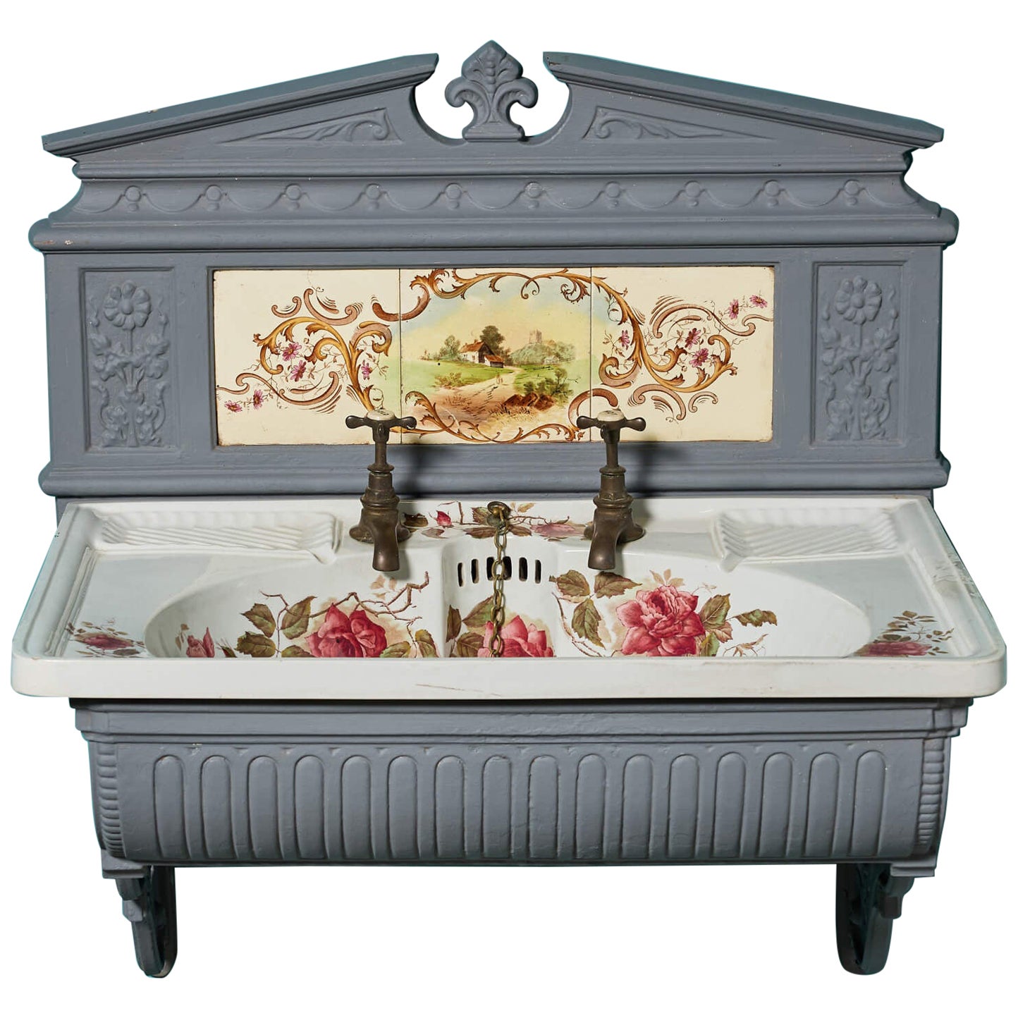 Victorian English Floral Transfer Print Sink with Tiled Wall Bracket