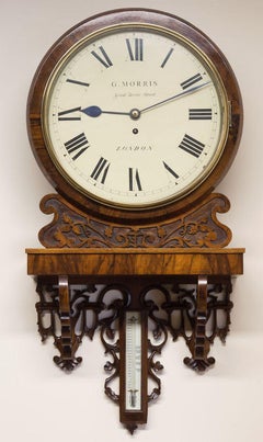 Victorian English Fusee Mahogany Dial Clock with Thermometer by G.Morris, London