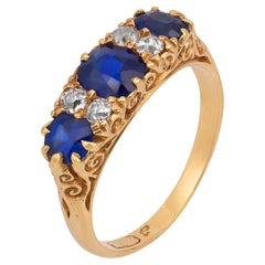 Victorian English GIA no heat sapphire diamond 18k yellow gold band ring