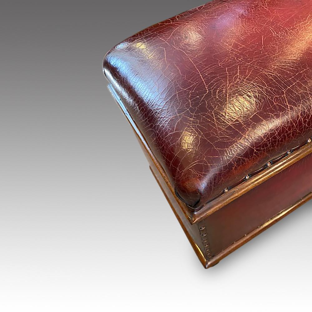 Victorian leather ottoman 
This Victorian leather ottoman was made circa 1880.
We have recovered this in our fine Grade 1 leather that we hand dye before finishing to look antique. Each one of the brass studs are tapped in individually which is a