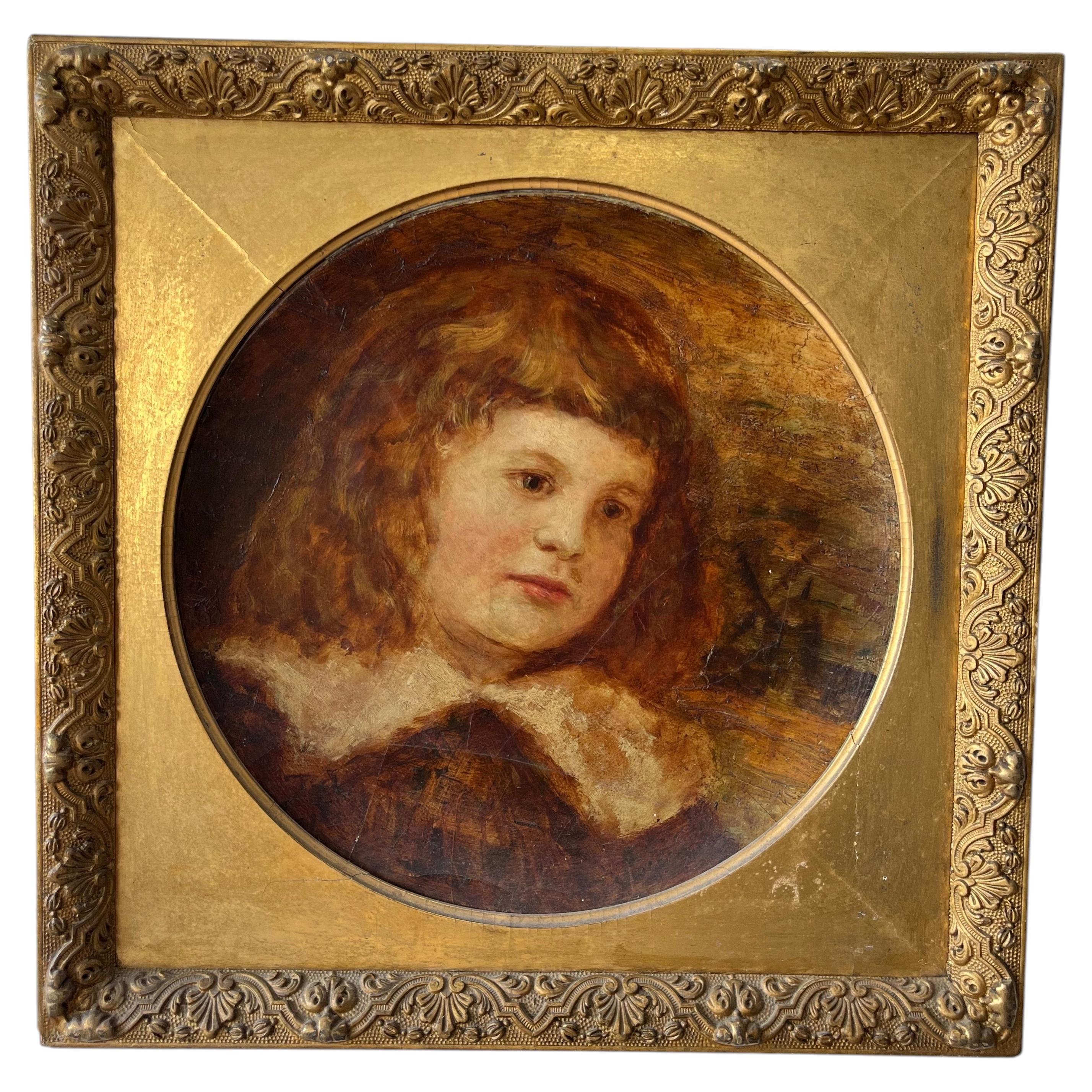 Victorian English Hand-Painted Papier Mâché Portrait Charger in Gilt Frame For Sale