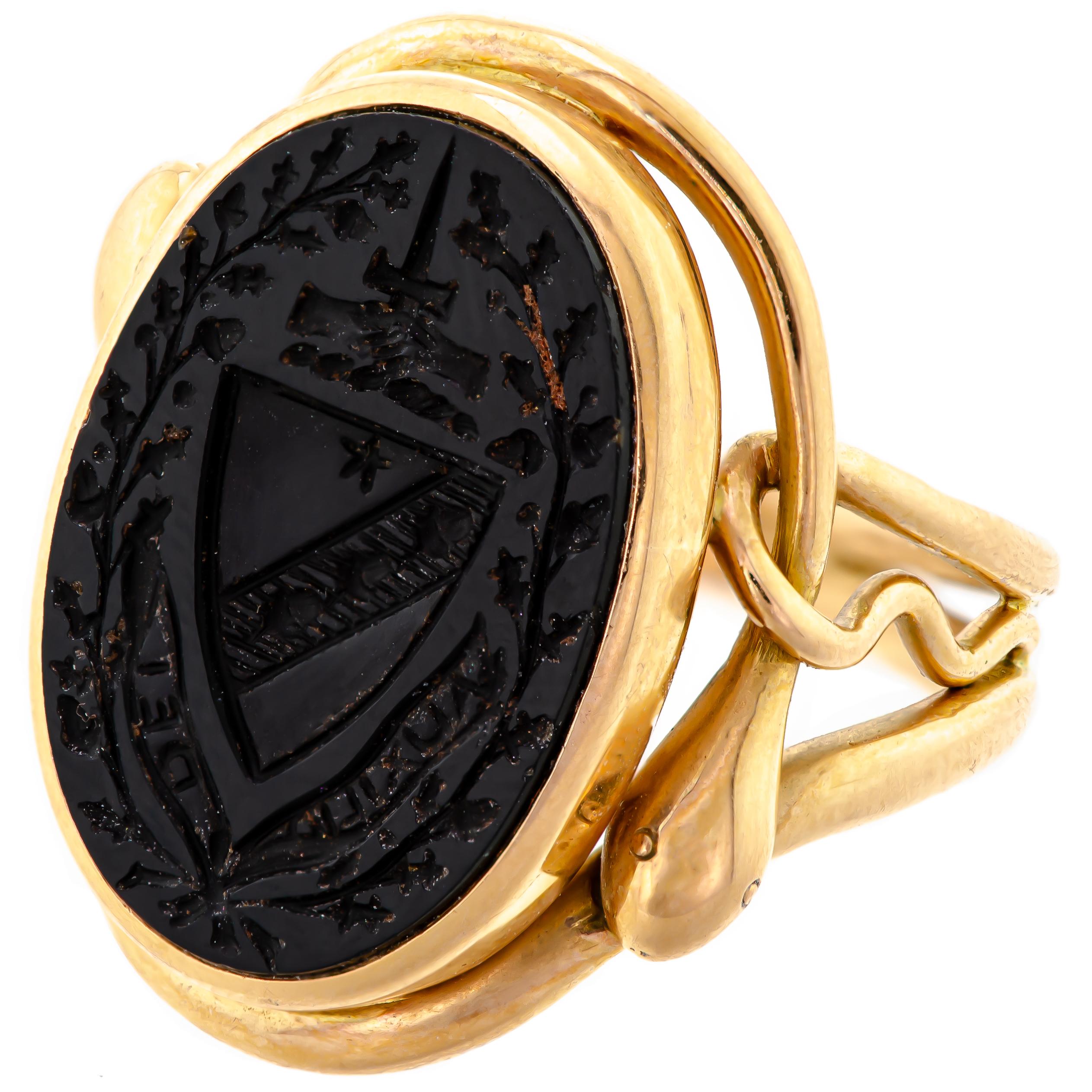 Victorian English Intaglio Crest Signet and 15KT Gold Snake Ring For Sale 2
