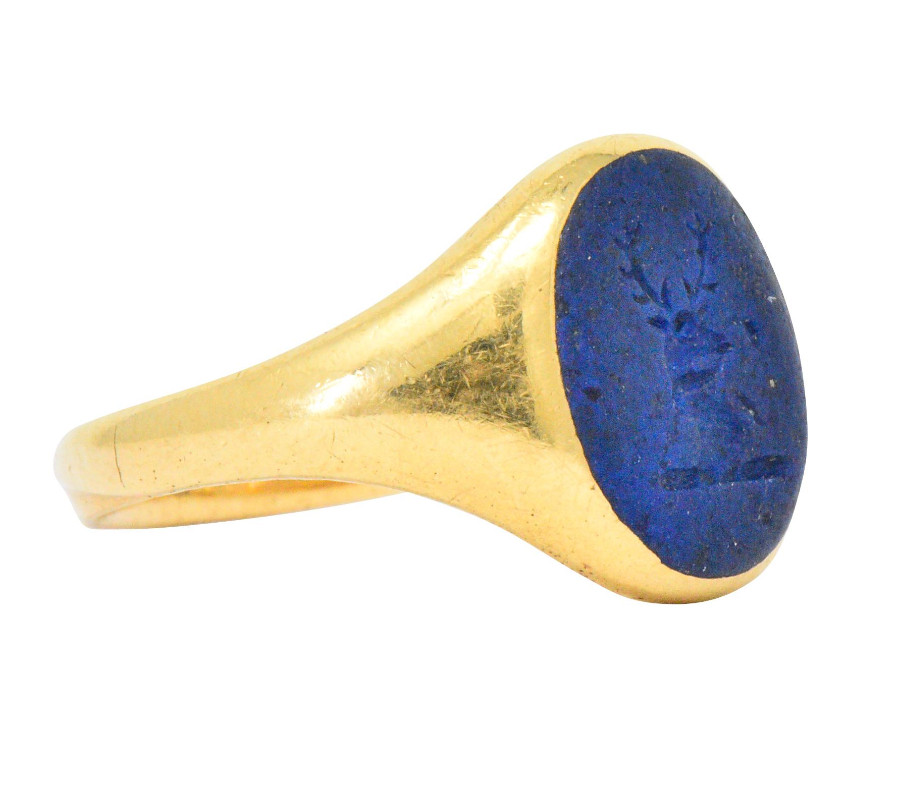Victorian English Lapis Lazuli 18 Karat Gold Signet Unisex Stag Ring In Excellent Condition In Philadelphia, PA