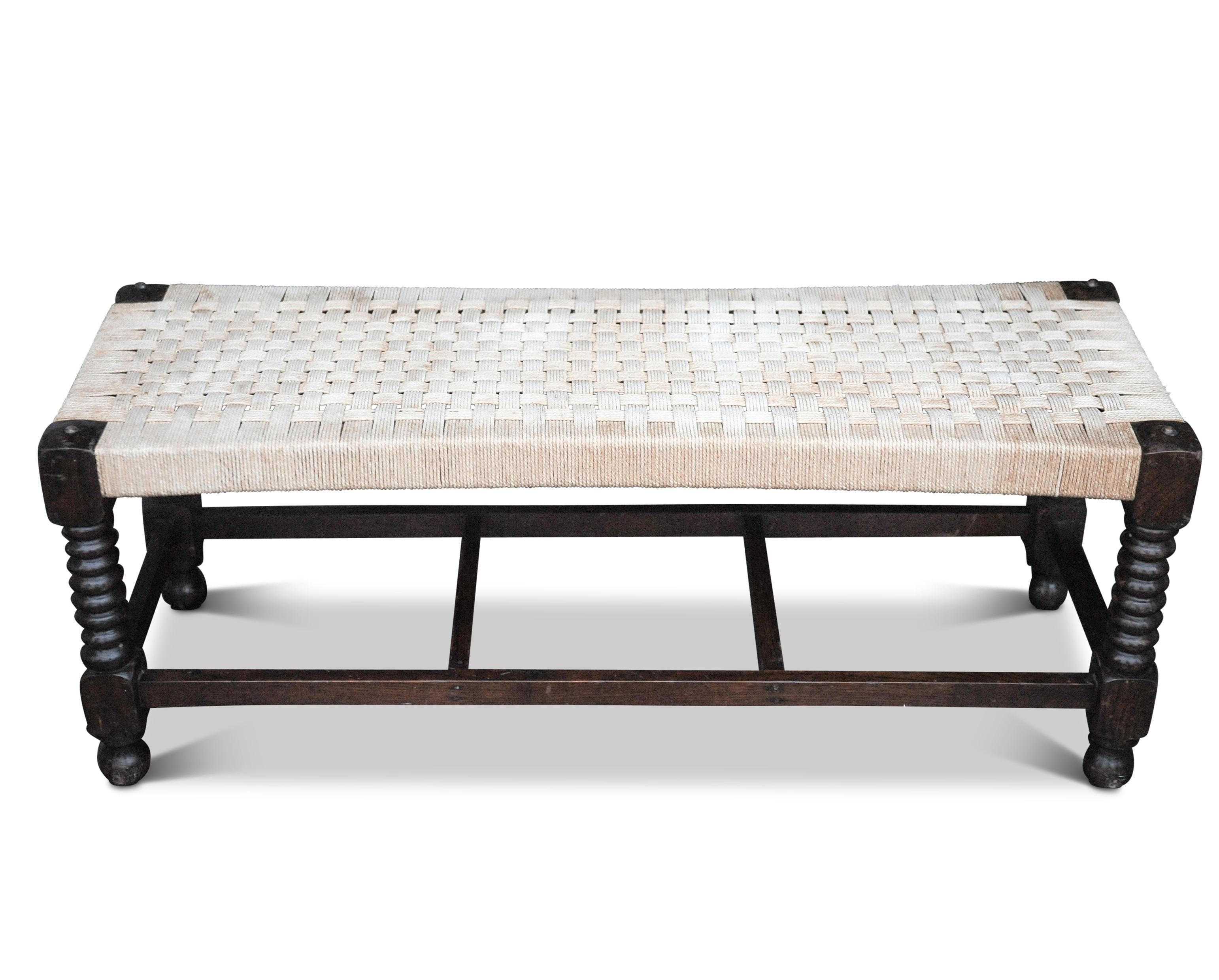 English Antique Victorian Oak Turned Bobbin Leg Rush Seat Bench With Geometric Stretcher