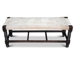 Victorian English Oak Turned Bobbin Leg Rush Seat Bench With Geometric Stretcher