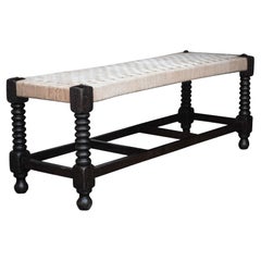 Victorian English Oak Turned Bobbin Leg Rush Seat Bench With Geometric Stretcher